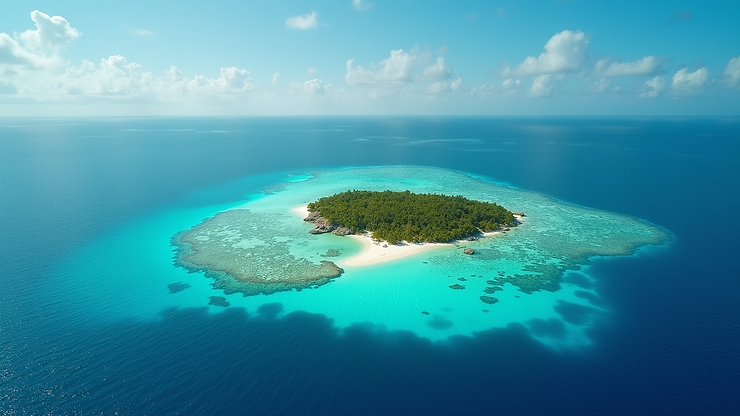 High angle view of Waterlemon Cay, surrounded by vibrant blue waters