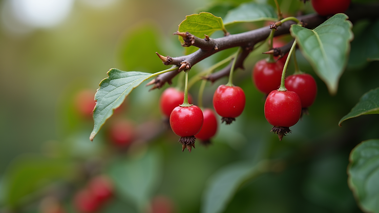 Close-up view of schisandra berries on a vine