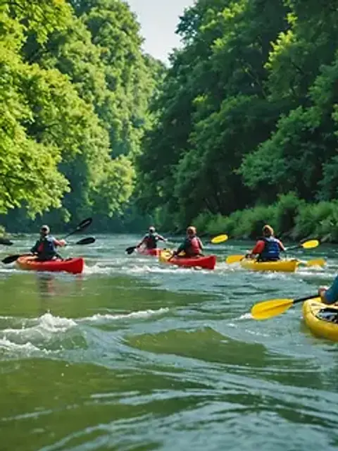 Eye-level view of kayakers navigating through gentle river waters surrounded by lush greenery