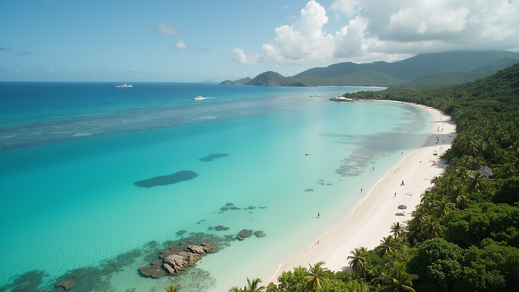 Wide angle view of the shoreline between Trunk Bay and Cinnamon Bay