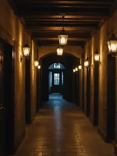 High angle view of an old, dimly lit hallway in a historical building