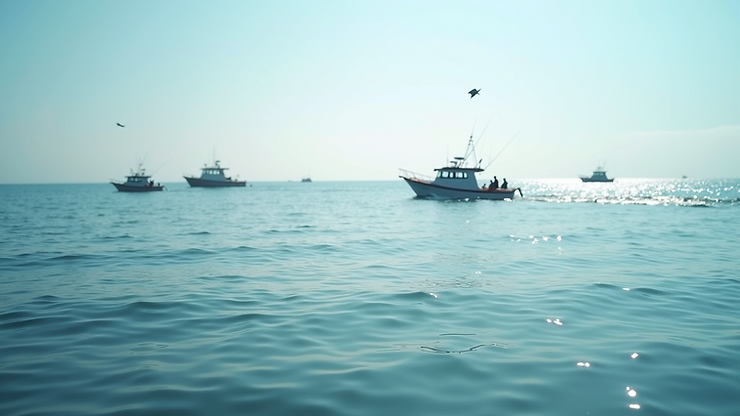 Close-up view of Flic en Flac Offshore with fishing boats on the horizon