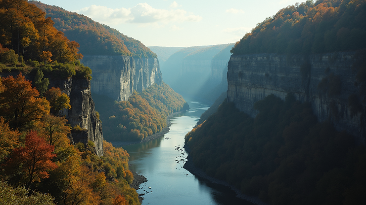 Wide angle view of New River Gorge showing dramatic cliffs and river