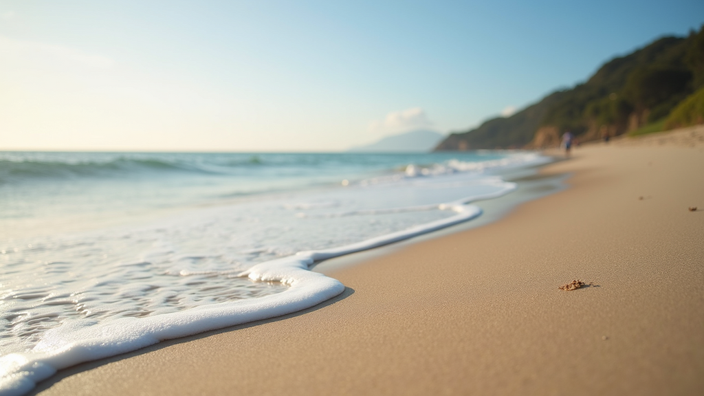 Wide angle view of the soft sand and gentle waves at Little Shell Beach