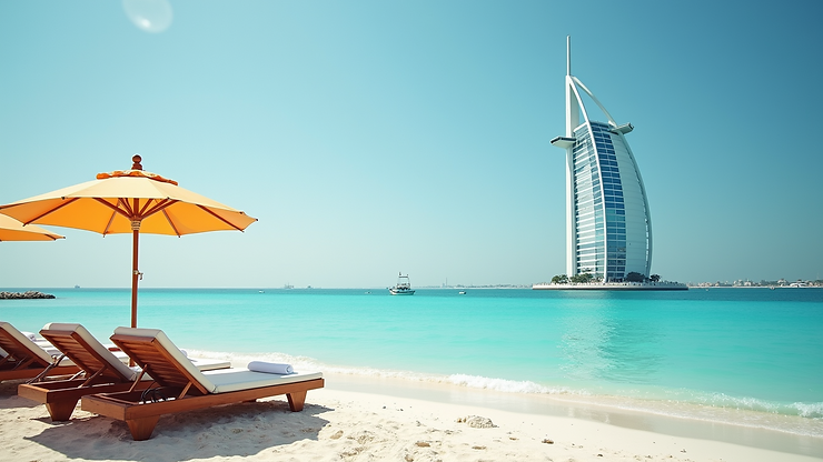 High angle view of Jumeirah Beach with sunbathers and Burj Al Arab in the background
