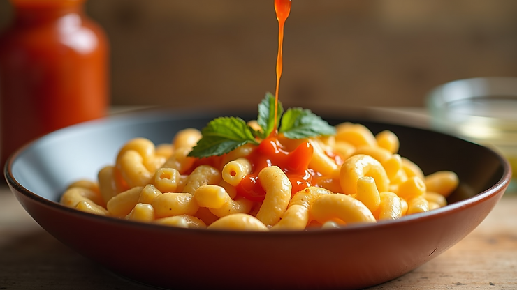 Close-up view of sriracha mac and cheese with a drizzle of sriracha sauce