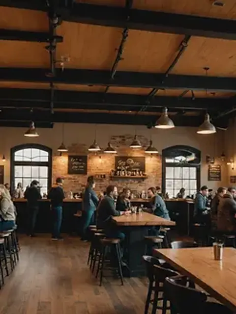 Eye-level view of a brewery tasting room filled with eager patrons