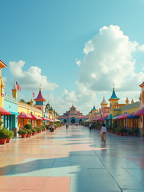 Wide angle view of Global Village showcasing various pavilions