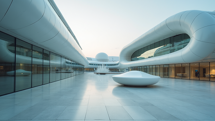 Wide angle view of the futuristic design of La Cité des Sciences et de l'Industrie