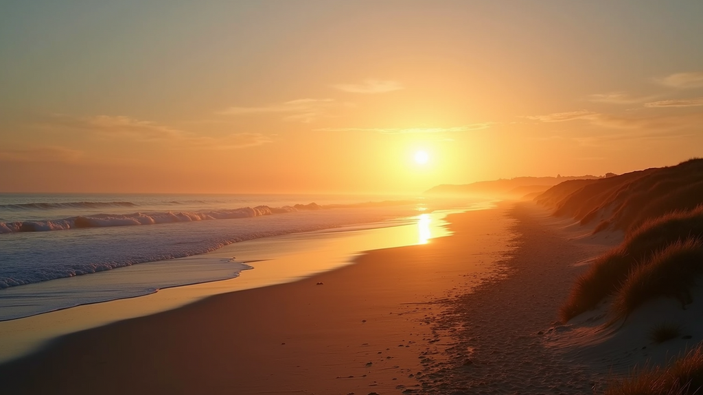 Wide angle view of Gold Beach with a serene sunset