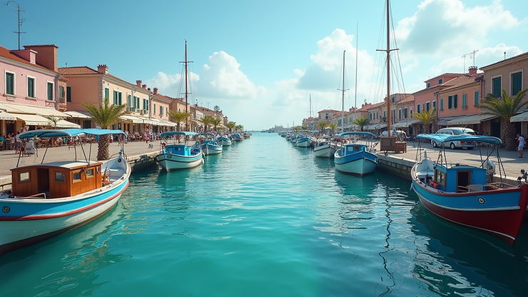 Wide angle view of Keros Channel with fishing boats