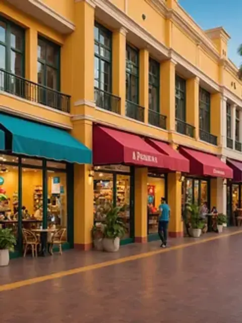 Eye-level view of the colorful shops and vibrant ambiance within Paseo Herencia Mall