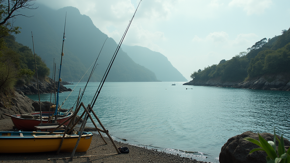 Eye-level view of Livadi Hidden Cove with fishing gear