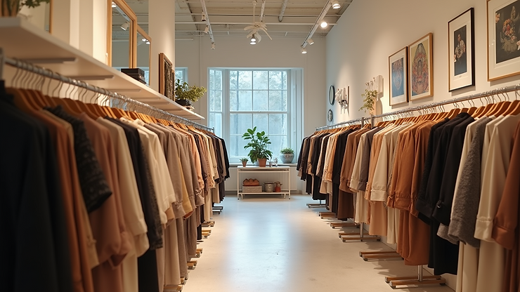 Eye-level view of Thira Boutique showcasing stylish clothing racks and accessories