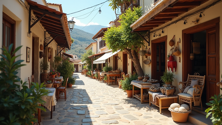 High angle view of Vothonas Village showcasing its quaint shops selling local crafts