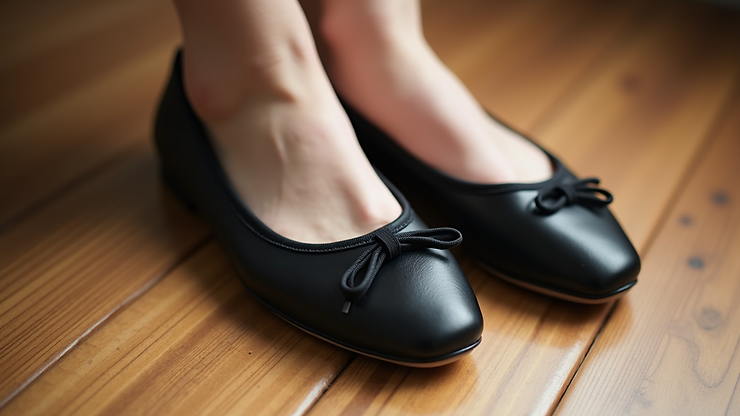 High angle view of a pair of classic black ballet flats on a wooden floor