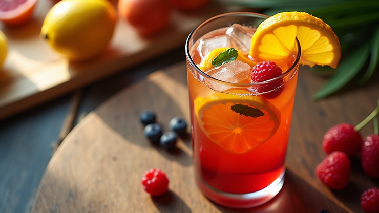 High angle view of a Tropical Sangria cocktail with fruits