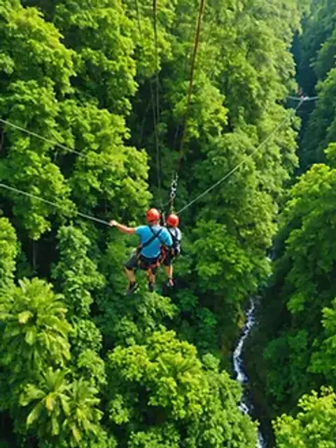 High angle view of ziplining through a lush green forest