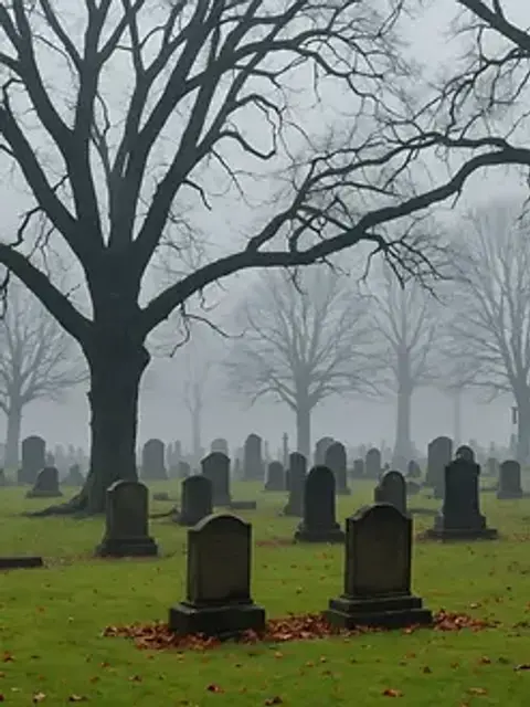 Eye-level view of a mysterious fog enveloping an old graveyard