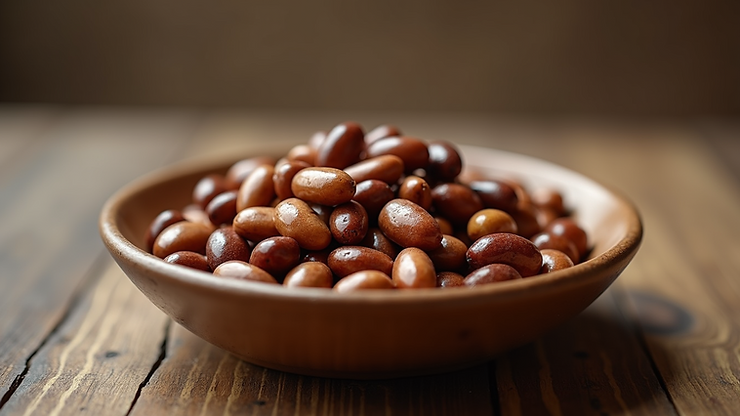 Close-up view of a bowl of tiger eye beans