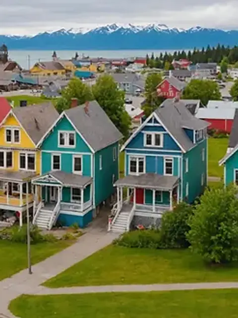 Close-up view of colorful historical buildings in downtown Homer