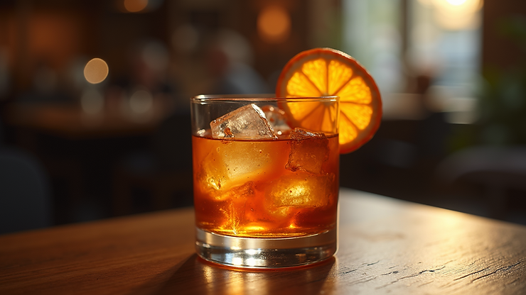Eye-level view of an Old Fashioned cocktail embellished with an orange slice
