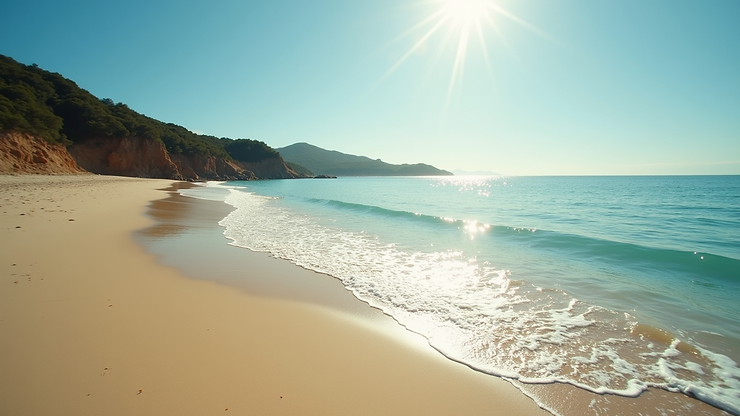 Wide angle view of Fisher's Bay with bright sandy shores and sunlit waters