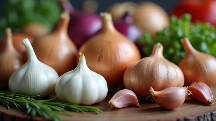 Close-up view of a variety of allium vegetables
