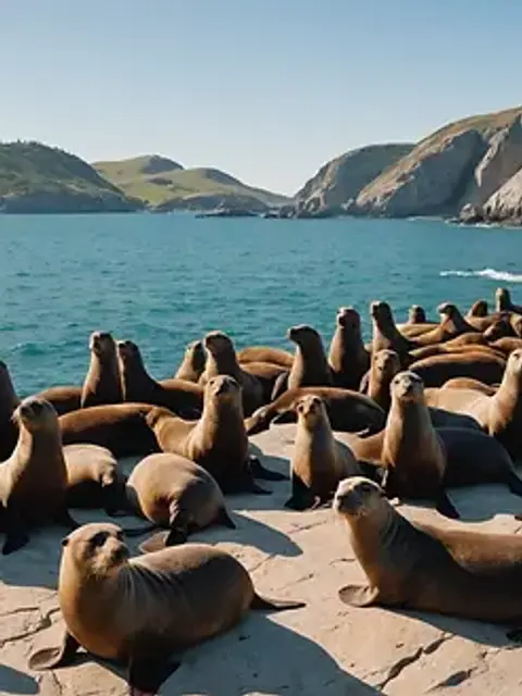 Wide angle view of sea lions basking on rocky outcroppings surrounded by the ocean