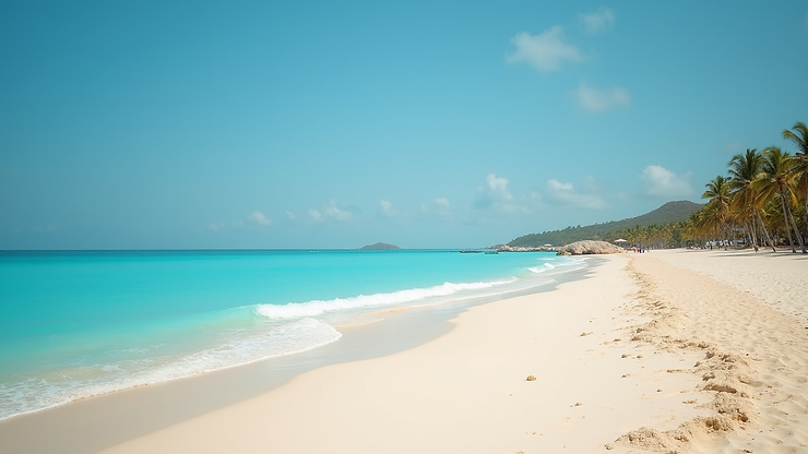 Wide angle view of Playa Delfines with azure waters and soft sand