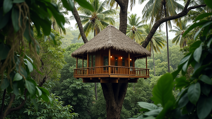 Eye-level view of a treehouse surrounded by trees