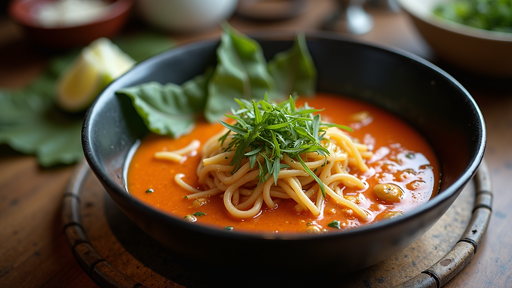 High angle view of a bowl of Khao Soi served at Khao Soi Nimman