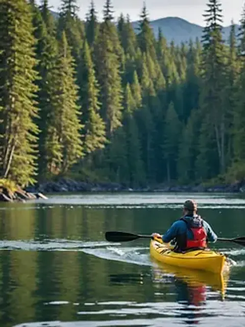 Eye-level view of a kayaker paddling through calm waters in Tongass National Forest