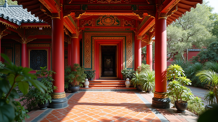 High angle view of a colorful Baba-Nyonya house with intricate architecture