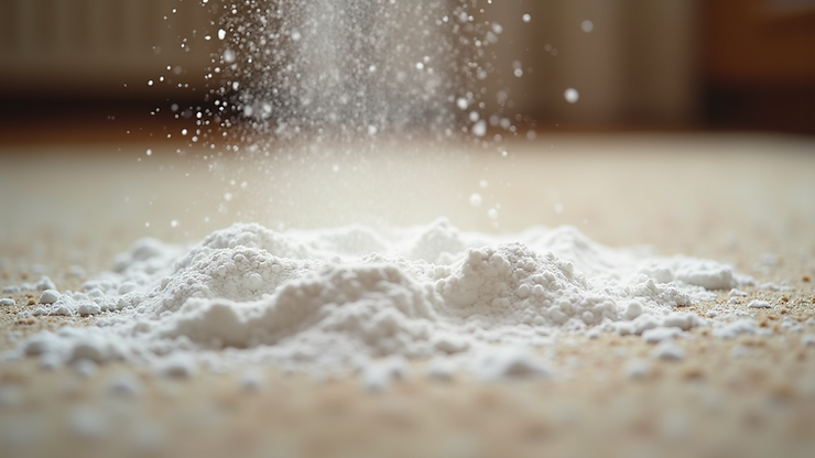 High angle view of a carpet with baby powder sprinkled on it