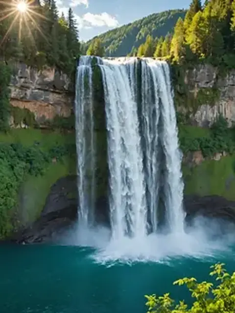 Eye-level view of a dazzling waterfall cascading into a serene lake