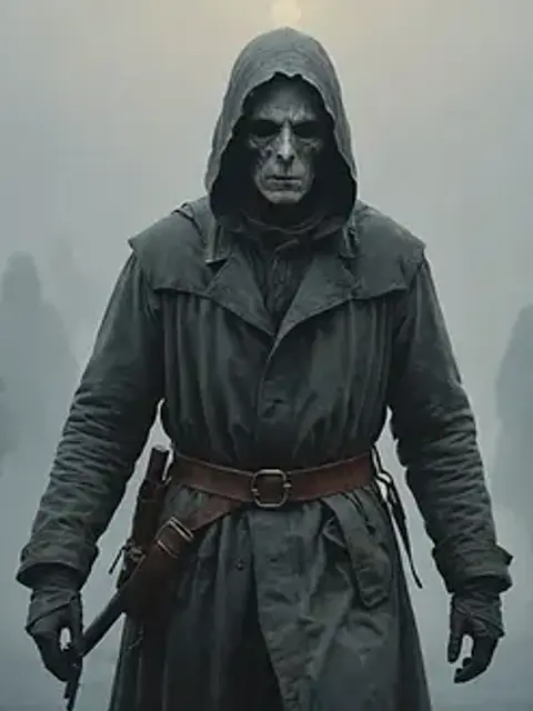 Close-up view of a haunting painting depicting a gray figure in the fog