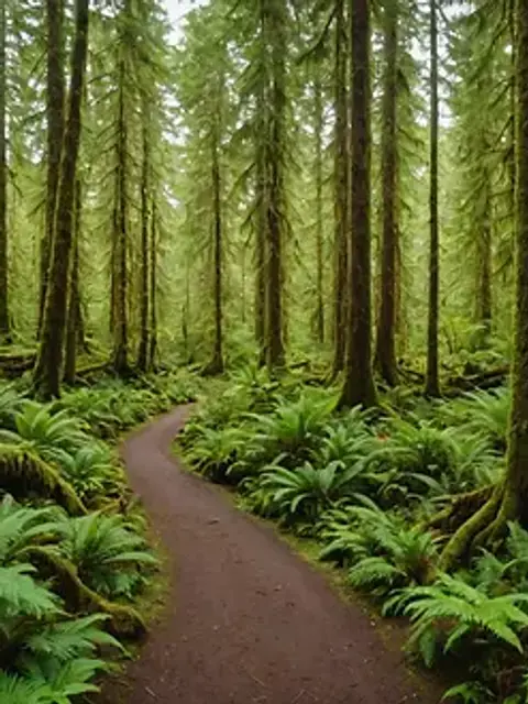Wide angle view of a lush rainforest trail in Ketchikan