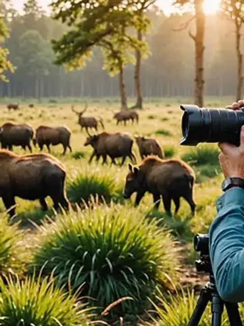 Eye-level view of a professional photographer capturing photos of wildlife in a natural setting
