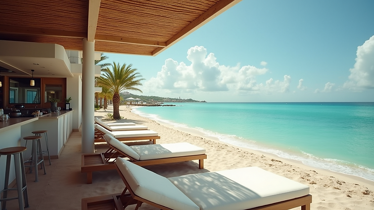 Close-up view of a beach bar surrounded by lounge chairs with a stunning ocean backdrop.