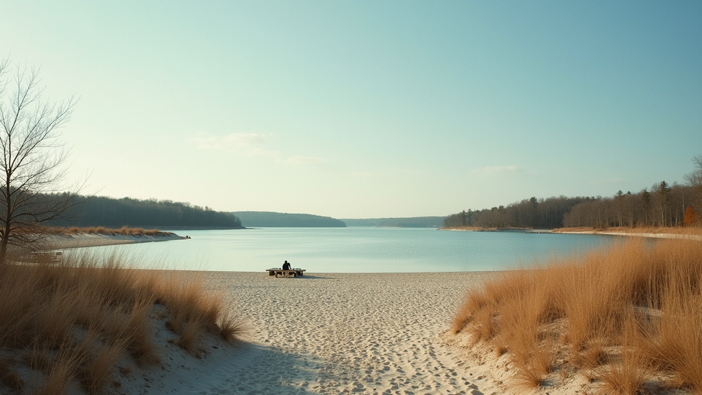 Wide angle view of spacious beach at Tims Ford Lake