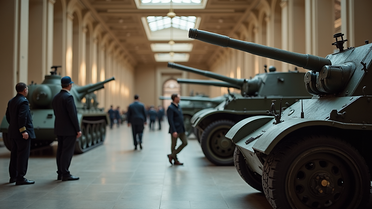 Eye-level view of historic military exhibits at Musée de l'Armée