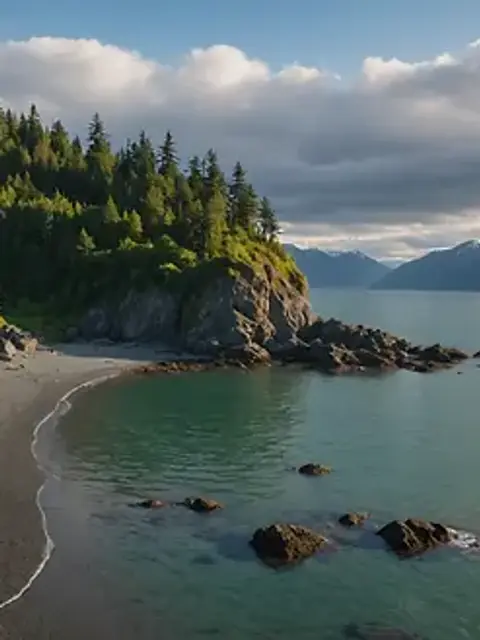 Wide angle view of the rocky coastline and lush forests of Kachemak Bay State Park
