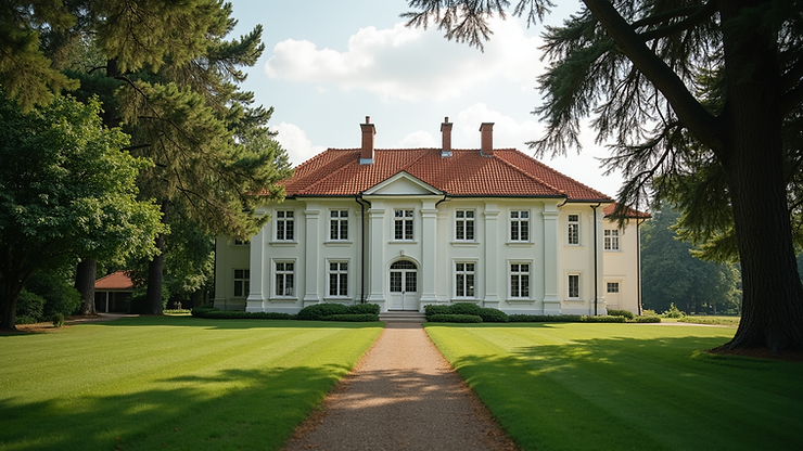 Eye-level view of Estate Lindholm's colonial architecture