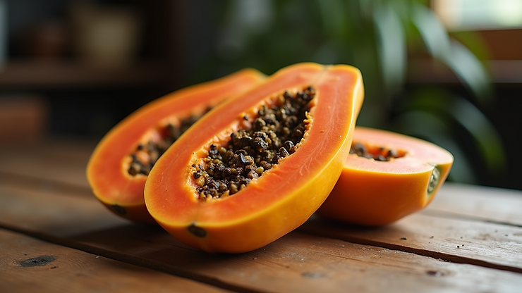 Close-up view of a ripe papaya on a wooden surface