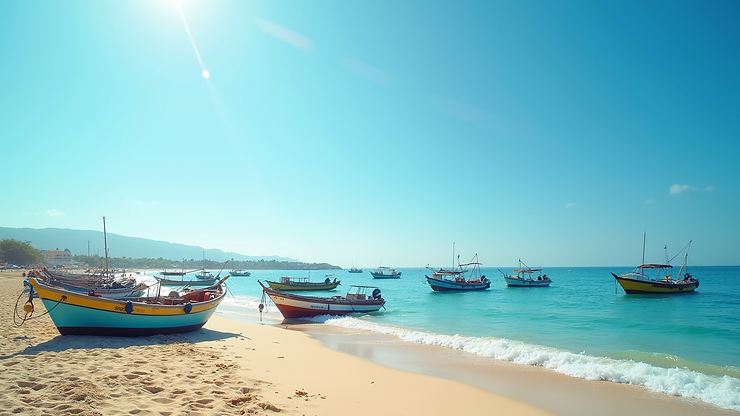 Eye-level view of Grand Baie Beach with fishing boats