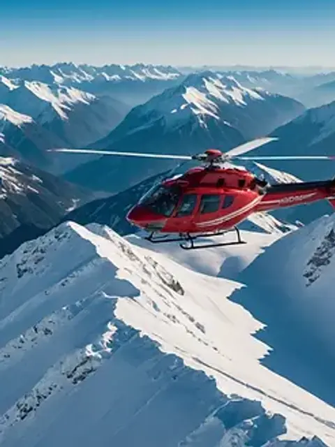 High angle view of a helicopter soaring over vast snow-capped mountains