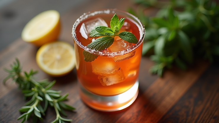 Eye-level view of a Mint Julep cocktail filled with fresh mint and ice