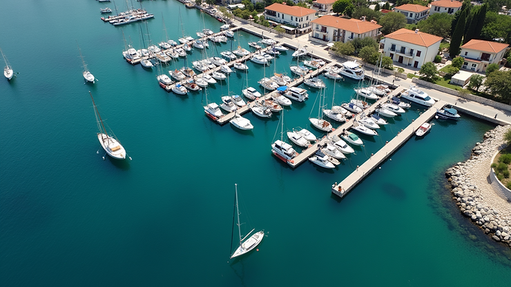 High angle view of the Gouvia Marina piers