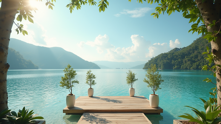 Wide angle view of Water Island with a serene wedding setup